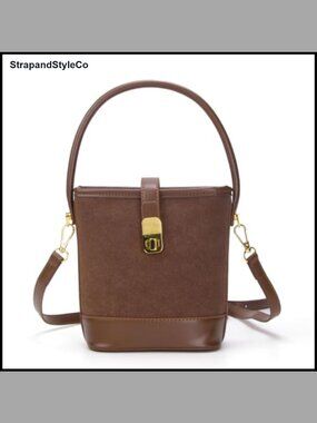 Faux Suede Bucket Crossbody Bag Top Handle Twist Lock Small Purse